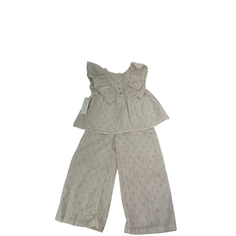 NWT Rachel Zoe Kids Gold Dot Linen Blend Gauze Ruffle Top Wide Leg Pants Set 4T